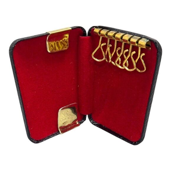 Vintage Snap-It Key Tote Key Case Black & Gold Leather With Red Interior Holder - Picture 4 of 6
